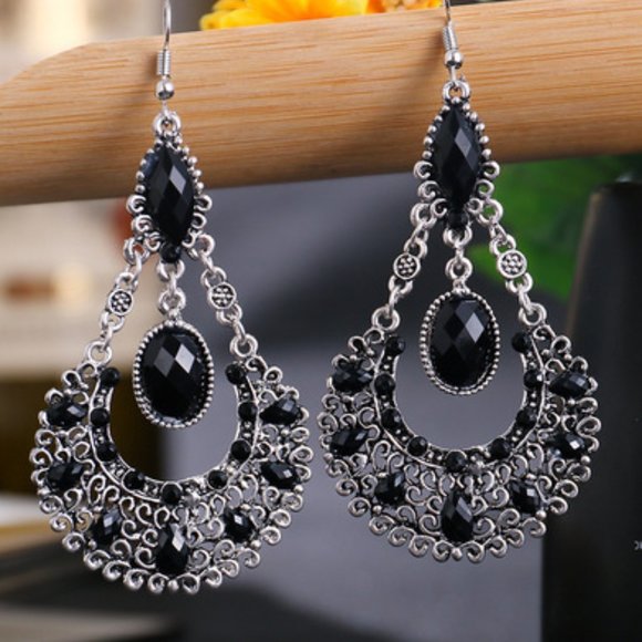 Drop Earrings Black & Silver Tone 3.5" Gypsy Boho Style Filigree NOC New Perfect - Picture 2 of 4